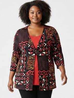 Maggie Barnes Size 3X Geometric Twofer Top Red/Black/Yellow/Cream 3/4 sleeve